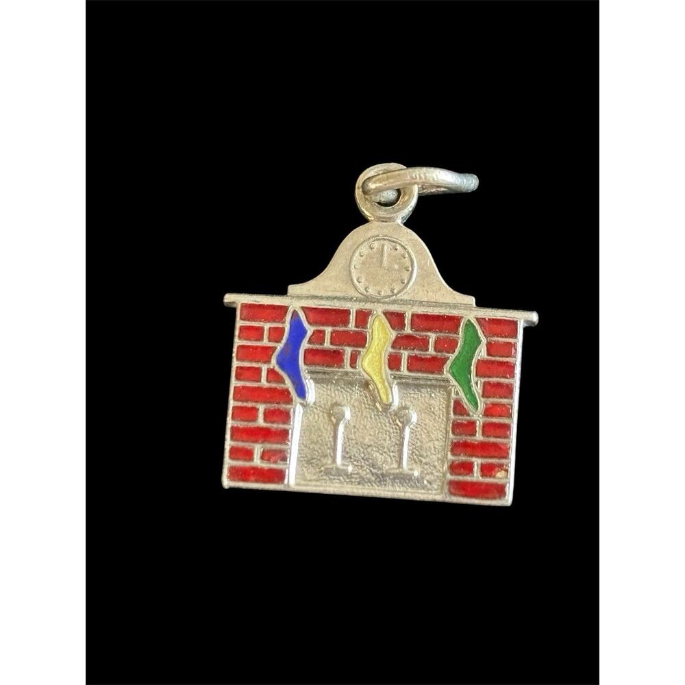 Vtg MCM Wells Sterling Silver Enamel Fireplace Stockings Christmas Charm 925